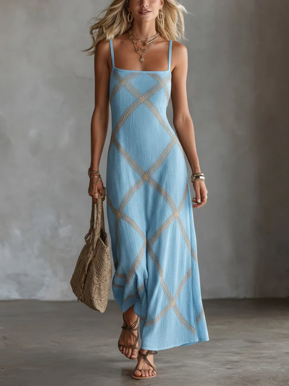 Ilona | Vestido Maxi Geométrico con Escote Cuadrado