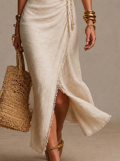 Tessa™ | Robe midi croisée à volants avec bordure en dentelle