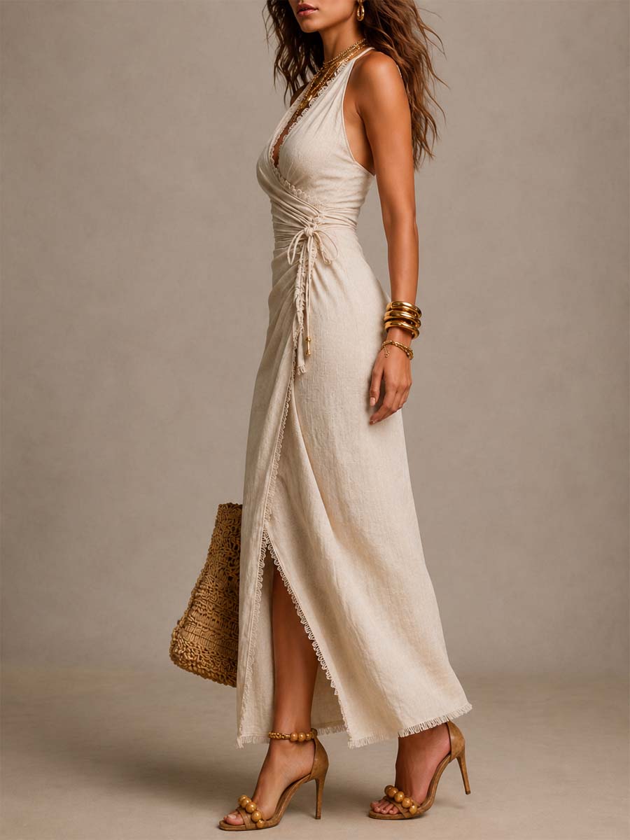 Tessa™ | Robe midi croisée à volants avec bordure en dentelle