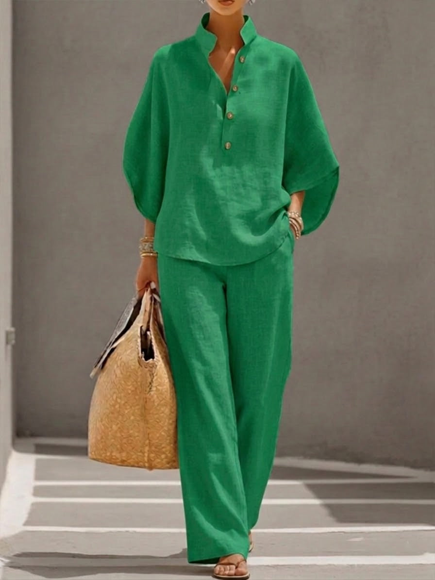 Lorena | Conjunto de Algodón Lino con Mangas Murciélago y Pantalón Ancho